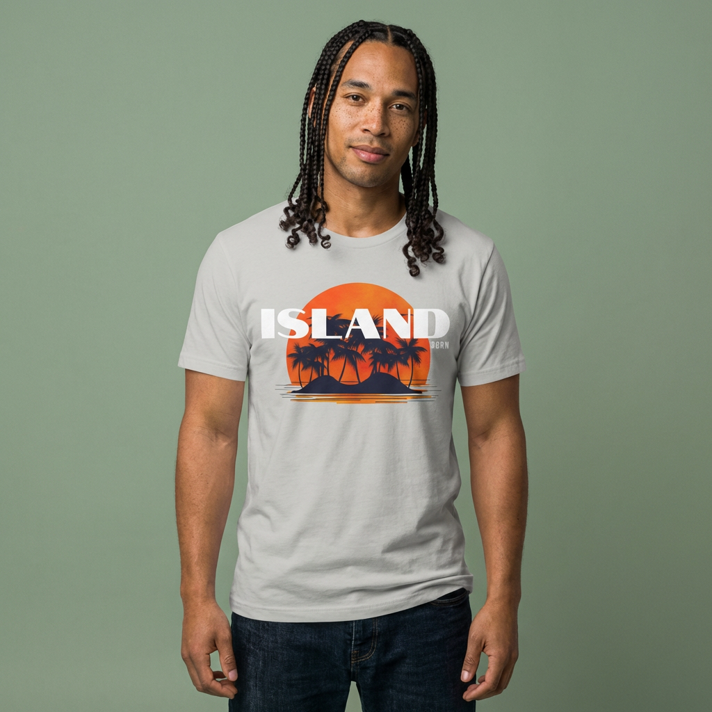 Man wearing a t-shirt with 'ISLAND BORN' graphic design with sunset and palm trees on an island - Island Drops t-shirt collection | Unisex t-shirts