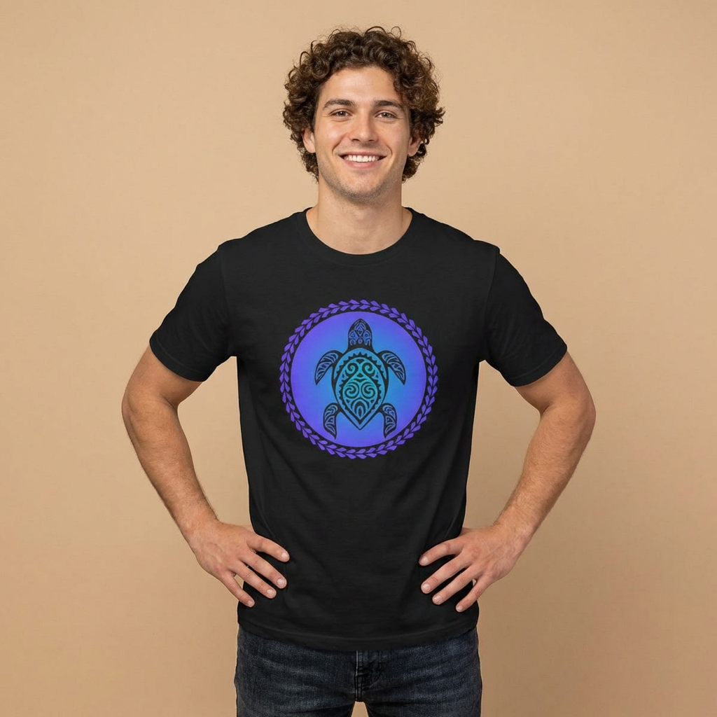Man wearing a black t-shirt with a gradient blue turtle graphic design and tribal patterns  - Island Drops t-shirt collection | Unisex t-shirts