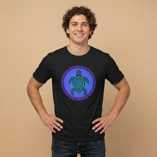 Man wearing a black t-shirt with a gradient blue turtle graphic design and tribal patterns  - Island Drops t-shirt collection | Unisex t-shirts