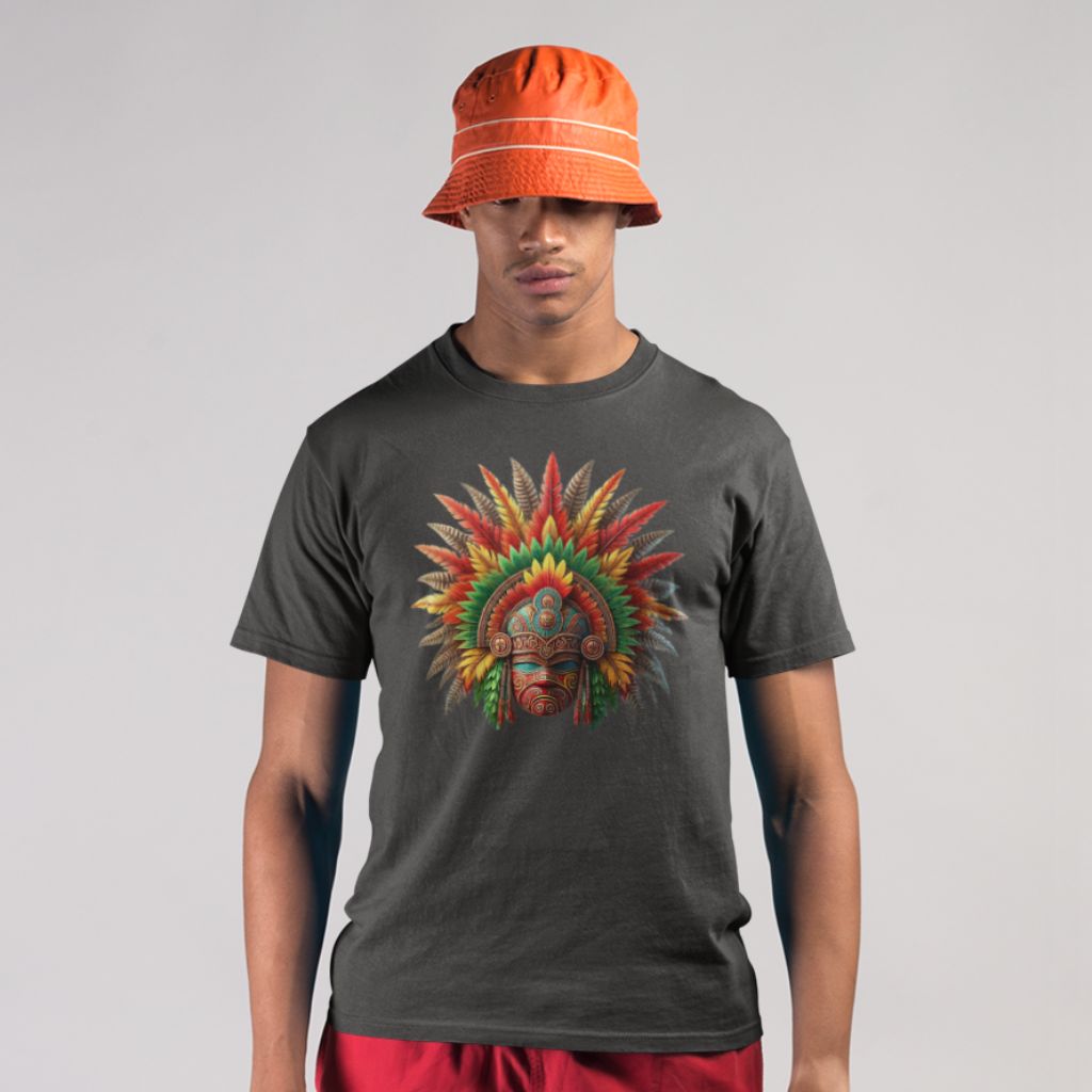 Person wearing a dark gray t-shirt with a colorful traditional Hawaiian headdress graphic design - Island Drops t-shirt collection | Unisex t-shirt