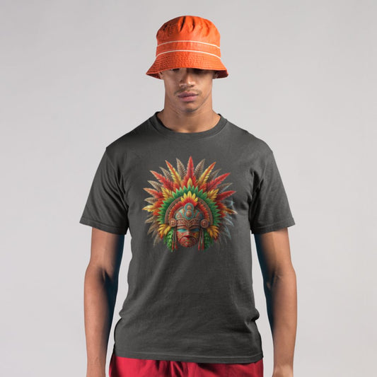 Person wearing a dark gray t-shirt with a colorful traditional Hawaiian headdress graphic design - Island Drops t-shirt collection | Unisex t-shirt