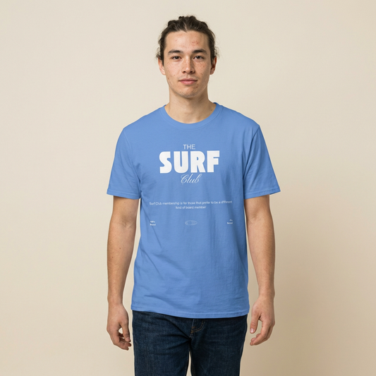 Person wearing a blue t-shirt  with 'THE SURF CLUB' text and meaning, 100% BOARD, 0% BORED - Island Drops t-shirt collection | Unisex t-shirts