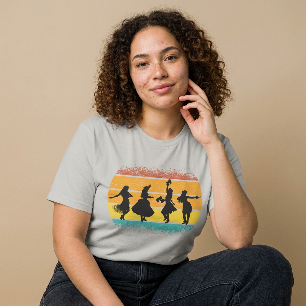 Person wearing a gray t-shirt with a graphic design of female hula dancers against a sunset background - Island Drops t-shirt collection | Unisex t-shirt