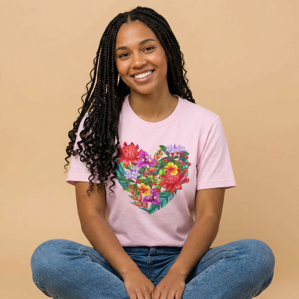 Person wearing a pink t-shirt with floral heart graphic design - Island Drops t-shirt collection | Unisex t-shirts