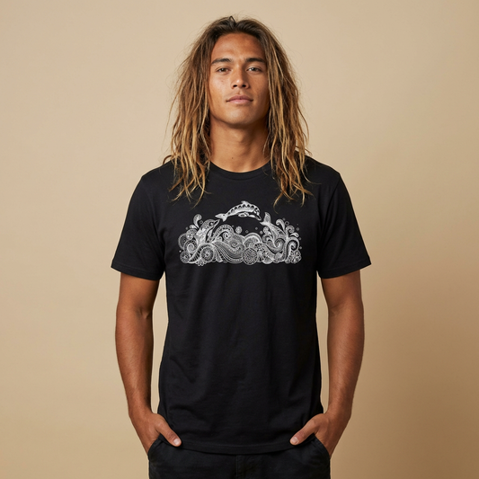 Person wearing a black t-shirt with dolphin and tribal tattoo style ocean graphic design - Island Drops t-shirt collection | Unisex t-shirts