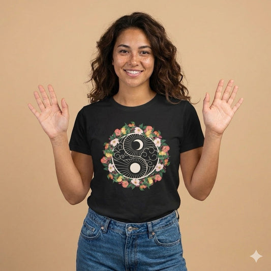 Person wearing a black t-shirt with a floral yin yang design - Island Drops t-shirt collection | Unisex t-shirts