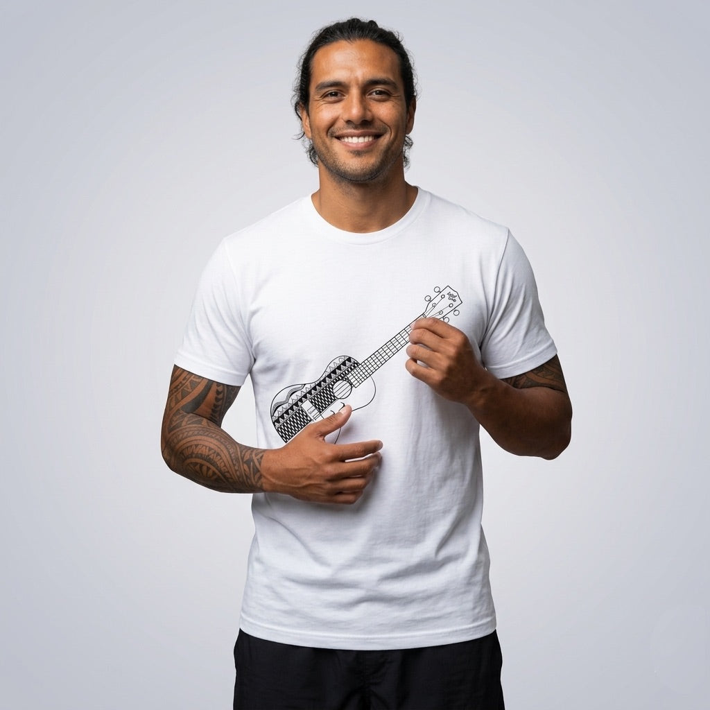 Person wearing a white t-shirt  with a ukulele graphic design - Island Drops t-shirt collection | Unisex t-shirts