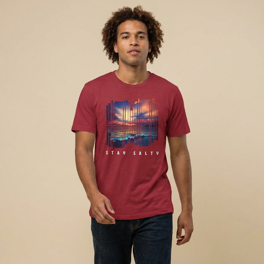 Person wearing a red t-shirt  with 'STAY SALTY' text and stylized sunset graphic design - Island Drops t-shirt collection | Unisex t-shirts