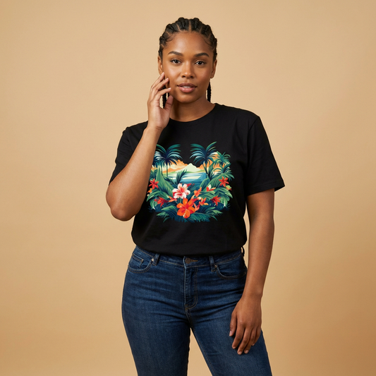 Person wearing a black t-shirt with floral beach graphic design - Island Drops t-shirt collection | Unisex t-shirt