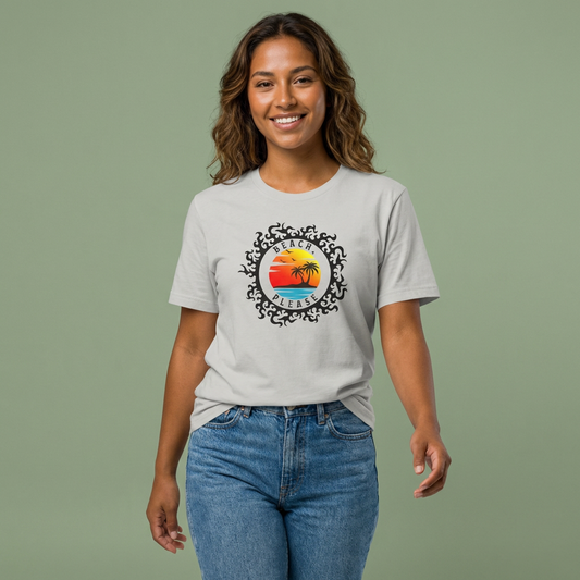 Person wearing a gray t-shirt with 'BEACH, PLEASE' text and island sunset graphic design - Island Drops t-shirt collection | Unisex t-shirts
