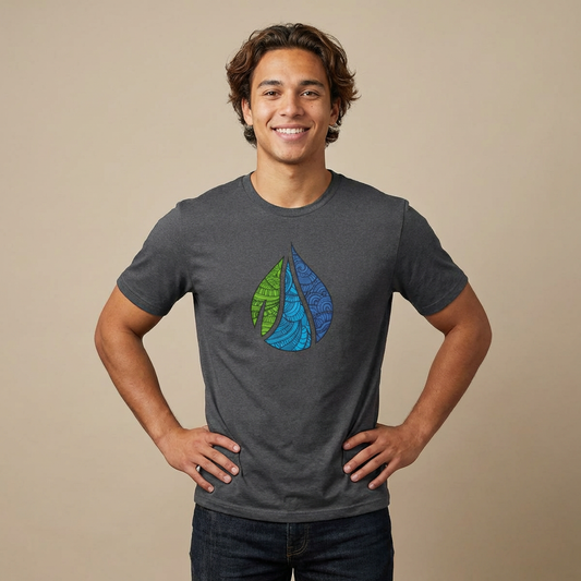 Person wearing a gray t-shirt with Island Drops logo graphic design - Island Drops t-shirt collection | Unisex t-shirts