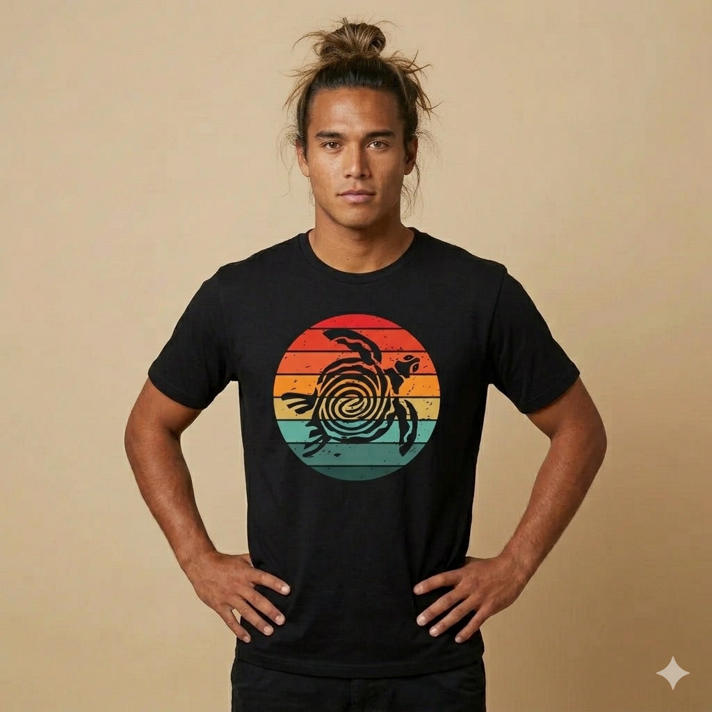 Man wearing a black t-shirt with sunset tribal turtle graphic design - Island Drops t-shirt collection | Unisex t-shirts