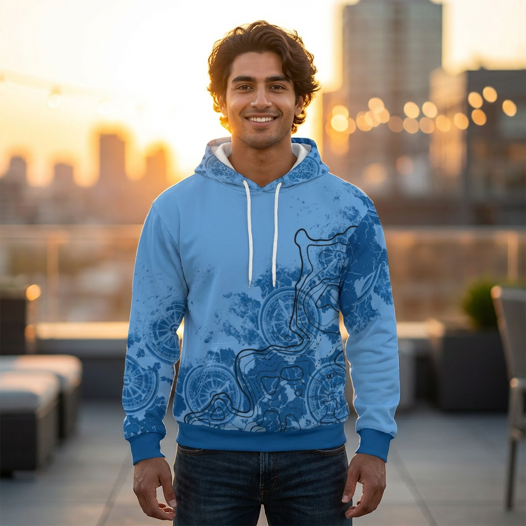 Man wearing a blue hoodie with a nautical, terrain graphic design - Island Drops hoodie collection | Unisex pullover