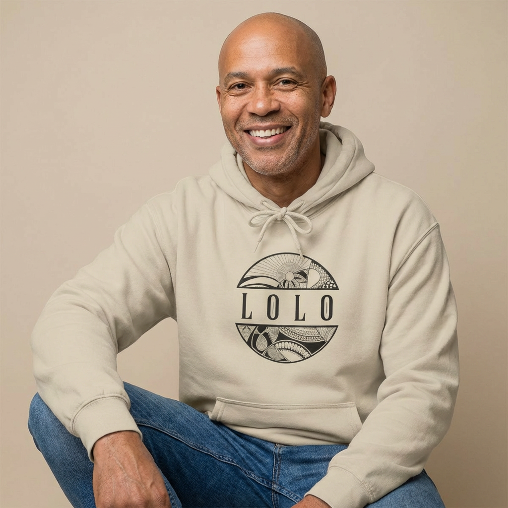 Man wearing hoodie with 'LOLO', meaning grandpa in filipino, graphic design - Island Drops hoodie collection | Unisex pullover
