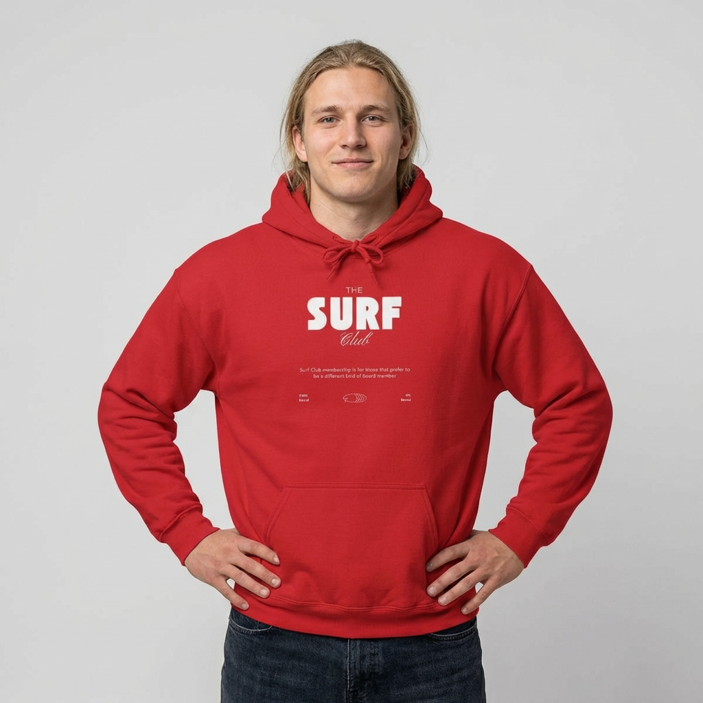 Man wearing a red hoodie with 'SURF Club' text, 100% Board, 0%Bored - Island Drops hoodie collection | Unisex pullover