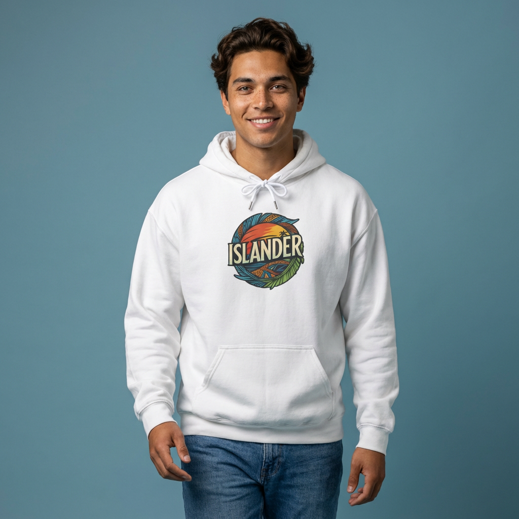 Man wearing a white hoodie with 'ISLANDER' logo - Island Drops hoodie collection | Unisex pullover