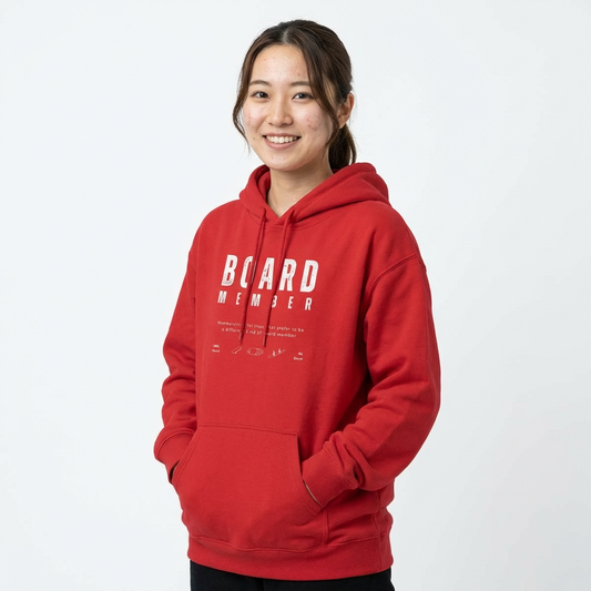 Person wearing a red hoodie with 'BOARD MEMBER' text , 100% BOARD, 0% BORED - Island Drops hoodie collection | Unisex pullover