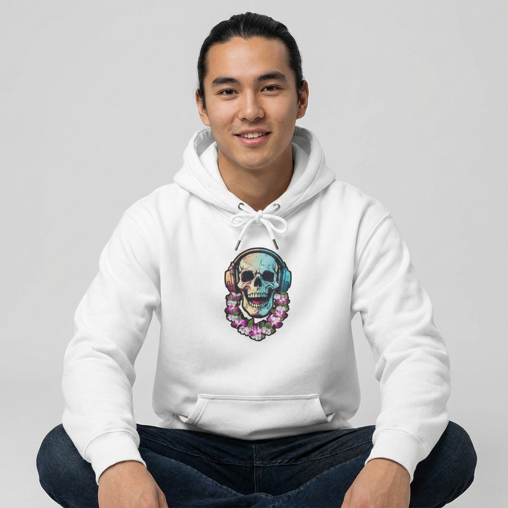 Person wearing a white hoodie with a colorful skull DJ with headphones and wearing a lei graphic design  - Island Drops hoodie collection | Unisex pullover