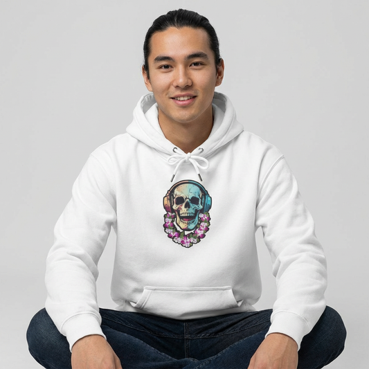 Person wearing a white hoodie with a colorful skull DJ with headphones and wearing a lei graphic design  - Island Drops hoodie collection | Unisex pullover