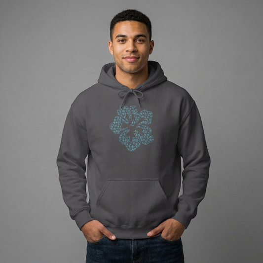 Man wearing a gray hoodie with a blue hibiscus graphic design - Island Drops hoodie collection | Unisex pullover