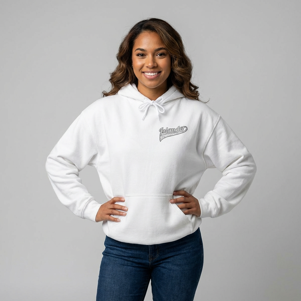 Woman wearing a white hoodie with "Islander" tribal logo - Island Drops hoodie collection | Unisex pullover