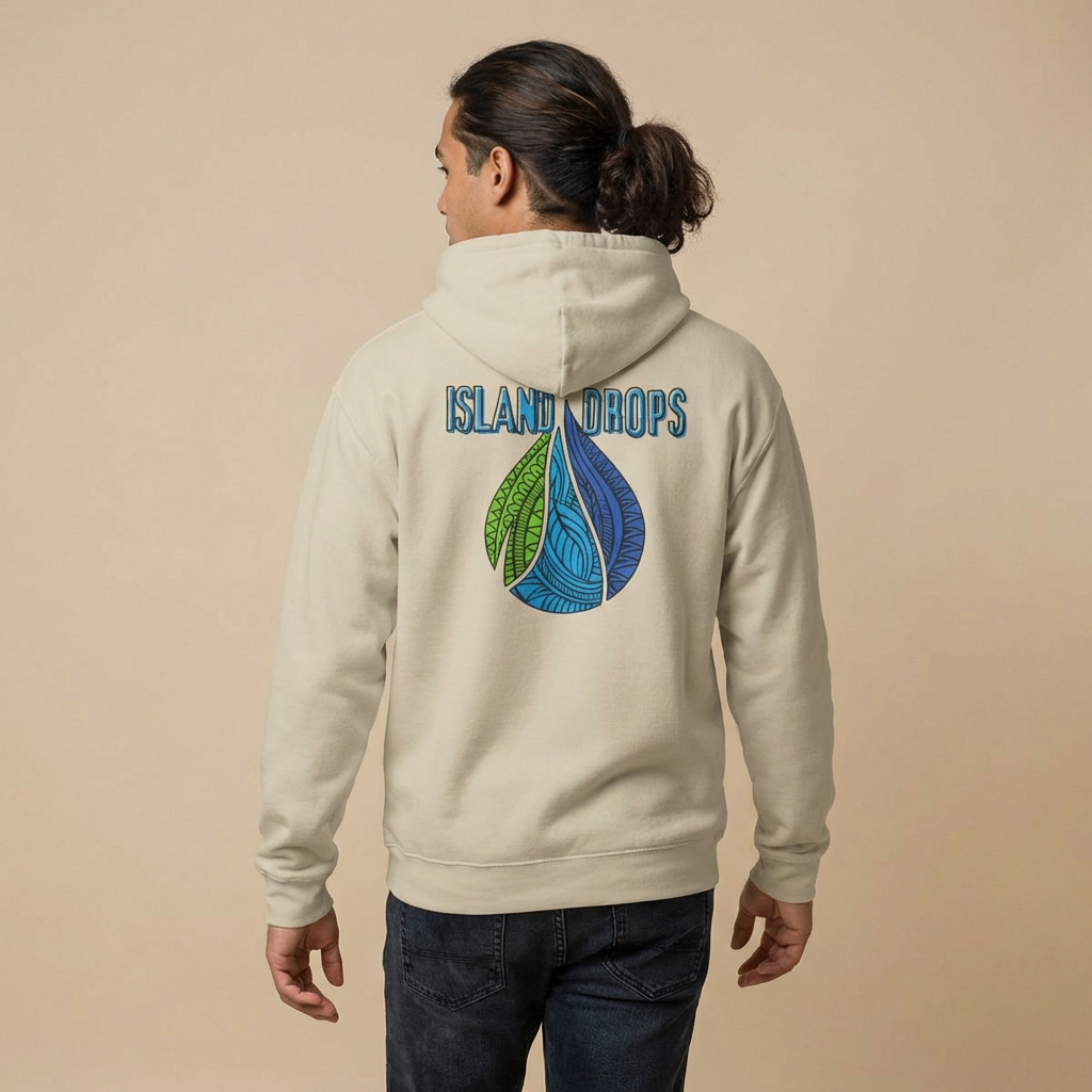 Person wearing a beige hoodie with 'Island Drops' logo on the back - Island Drops hoodie collection | Unisex pullover