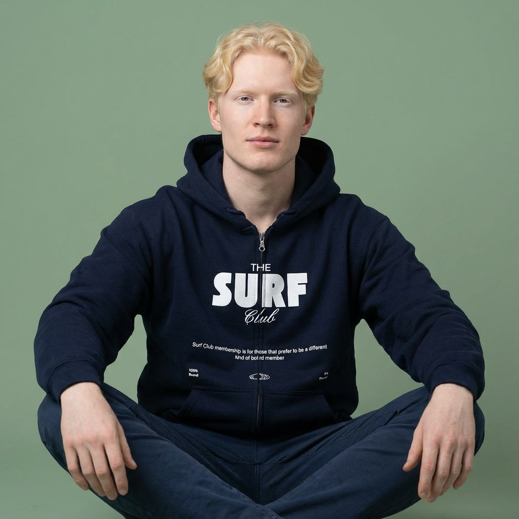 Person wearing a navy blue full zip hoodie with  'THE SURF CLUB' text, 100% BOARD, 0% BORED - Island Drops hoodie collection | Unisex zipper hoodie