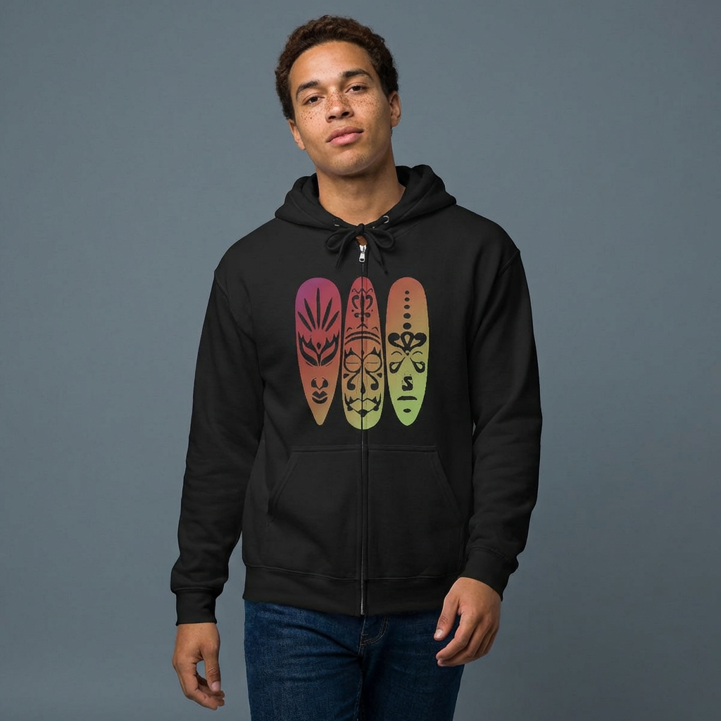 Person wearing a black full zip hoodie with tribal mask graphic design - Island Drops hoodie collection | Unisex zipper hoodie