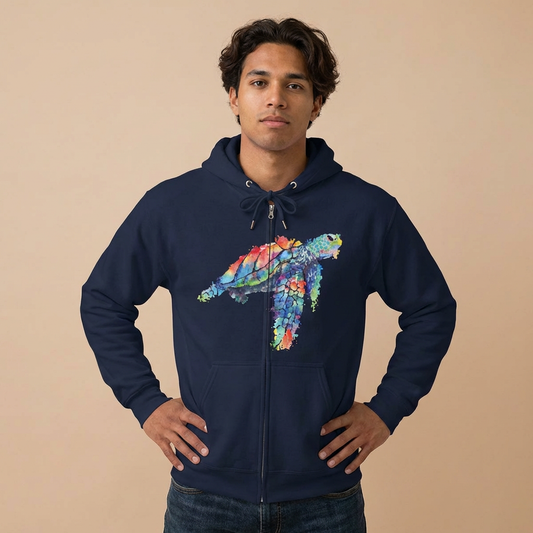 Person wearing a navy blue full zip hoodie with a stylized watercolor turtle graphic design - Island Drops hoodie collection | Unisex zipper hoodie