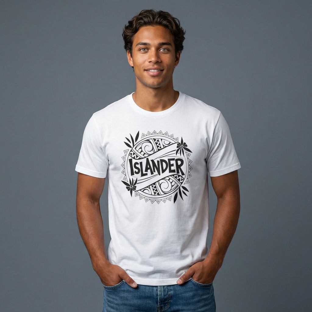 Man wearing a white t-shirt with 'ISLANDER' tribal graphic design - Island Drops T-shirt collection | Unisex t-shirt