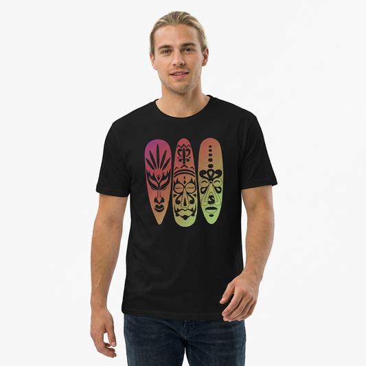 Person wearing a black t-shirt  with colorful gradient island masks graphic design - Island Drops t-shirt collection | Unisex t-shirts