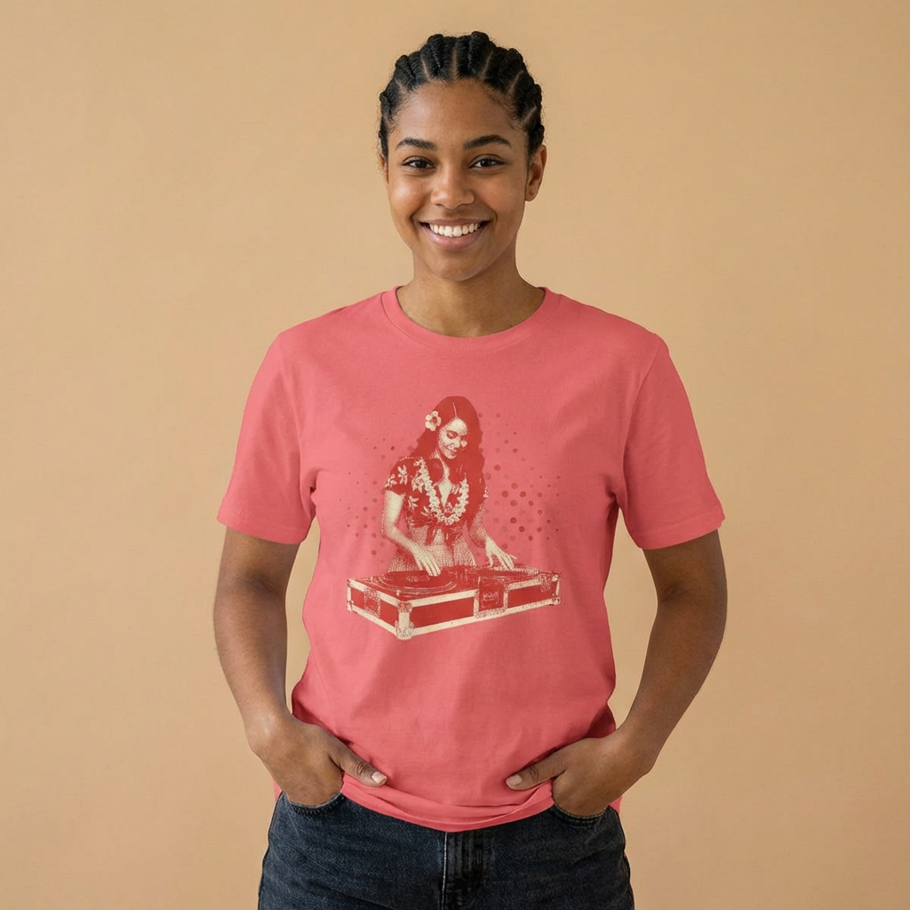 Person wearing a pink t-shirt with a female hula dancer as a DJ graphic design - Island Drops T-shirt collection | Unisex t-shirt