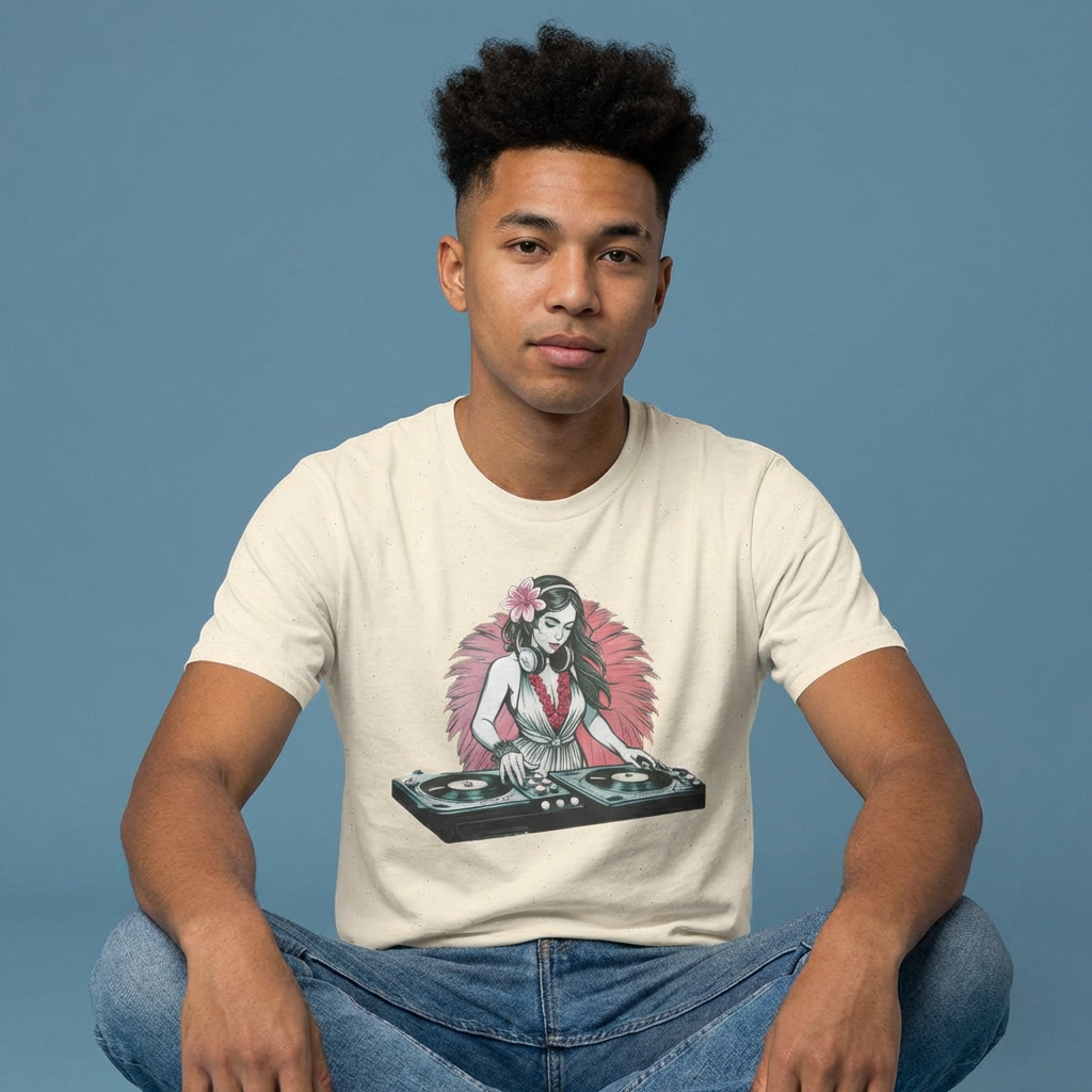 Person wearing a white t-shirt with a female hula dancer as a DJ graphic design - Island Drops T-shirt collection | Unisex t-shirt