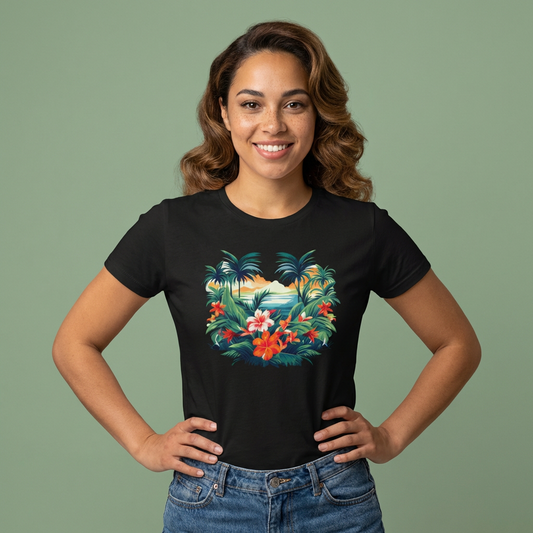 Woman wearing a black women's cut t-shirt with floral beach graphic design - Island Drops Women's collection | Women's cut t-shirt