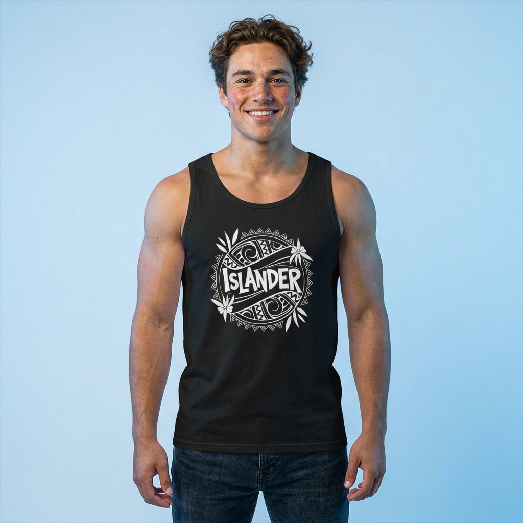 Man wearing a black tank top with 'Islander' graphic design - Island Drops tank tops collection | Unisex tank tops