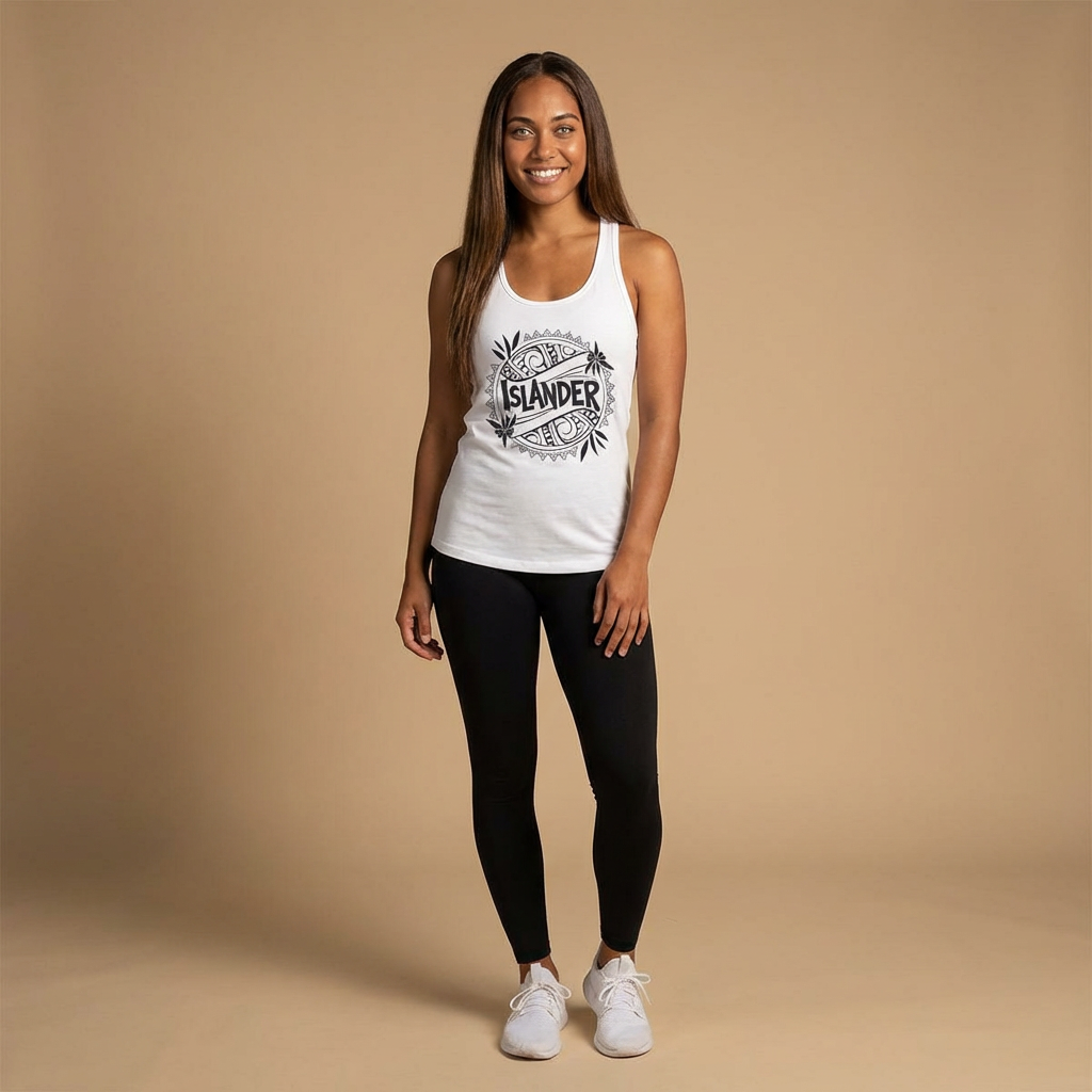 Woman wearing a white tank top with 'ISLANDER' graphic design- Island Drops tank tops collection | Women's racer back tank