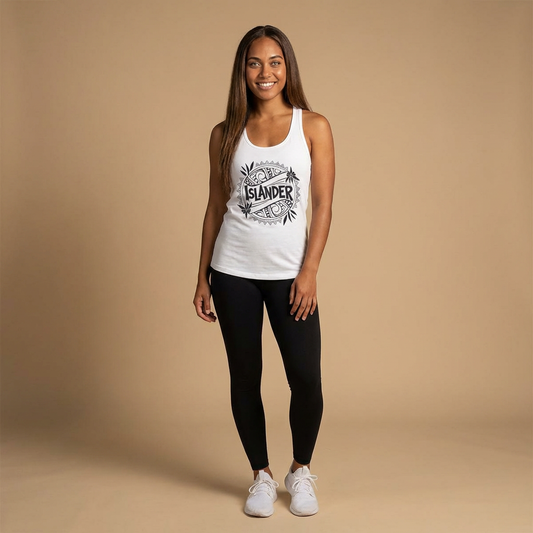 Woman wearing a white tank top with 'ISLANDER' graphic design- Island Drops tank tops collection | Women's racer back tank