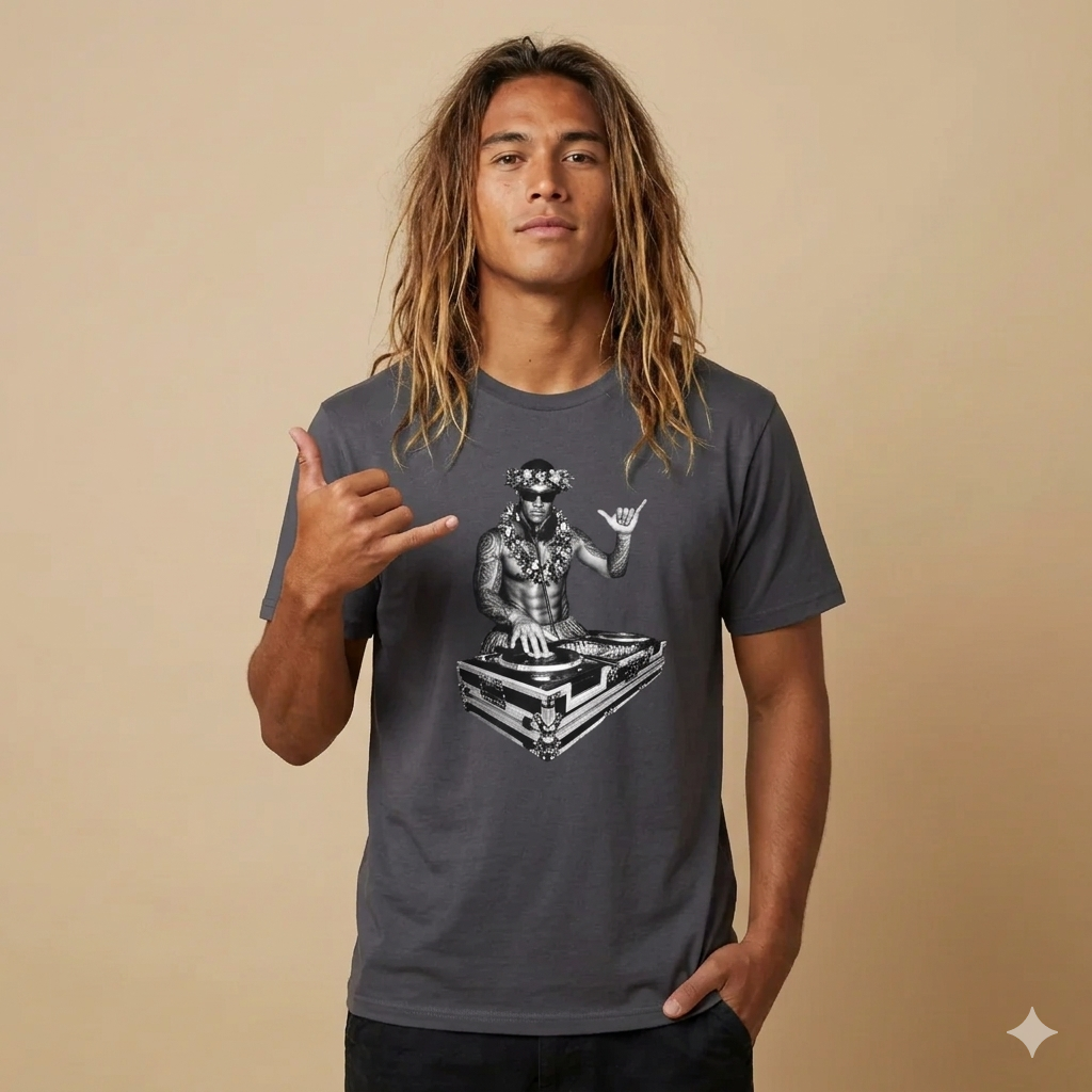 Man wearing a gray t-shirt with a male hula dancer as a DJ graphic design on a beige background - Island Drops t-shirt collection | Unisex t-shirt