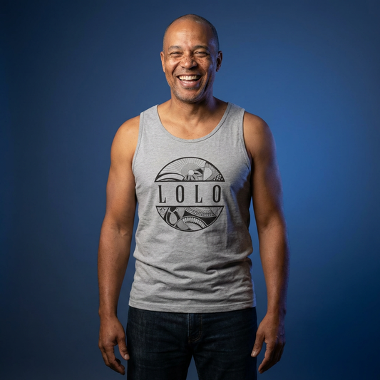 Man wearing a gray tank top with 'LOLO' meaning grandpa - Island Drops tank tops collection | Unisex tank tops