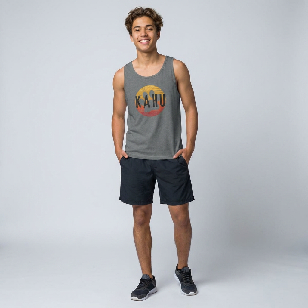 Person wearing a gray tank top with 'KAHU' logo  - Island Drops tank tops collection | Unisex tank tops