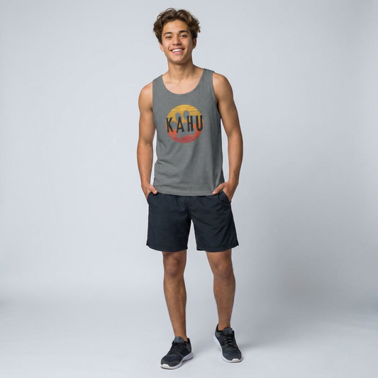Person wearing a gray tank top with 'KAHU' logo  - Island Drops tank tops collection | Unisex tank tops