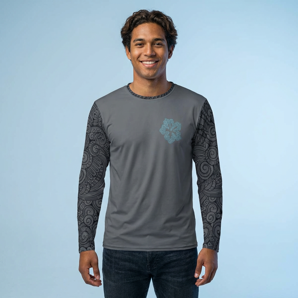 Person wearing a gray long-sleeve shirt with hibiscus graphic design and tribal tattoo sleeve pattern - Island Drops long sleeve collection | Unisex shirts