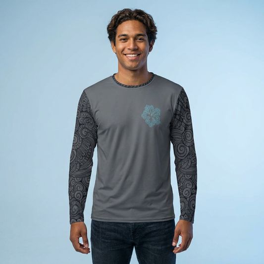 Person wearing a gray long-sleeve shirt with hibiscus graphic design and tribal tattoo sleeve pattern - Island Drops long sleeve collection | Unisex shirts