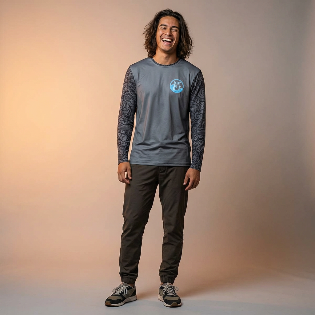 Person wearing a gray long-sleeve shirt with 'SALTY AF' text and tribal tattoo sleeve pattern - Island Drops long sleeve collection | Unisex shirts