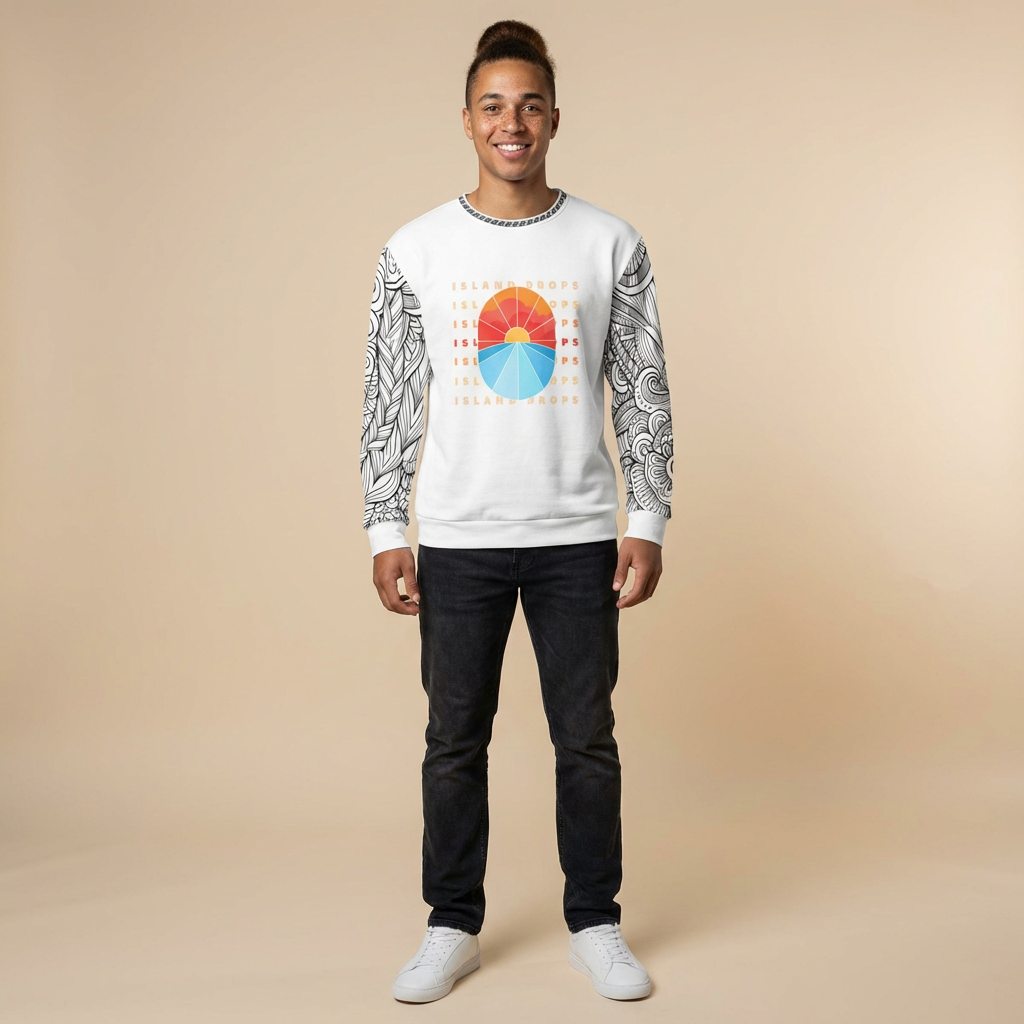 Person wearing a white sweatshirt with 'ISLAND DROPS' text behind a graphic sunset and tribal tattoo sleeve pattern - Island Drops long sleeve collection | Unisex sweatshirt