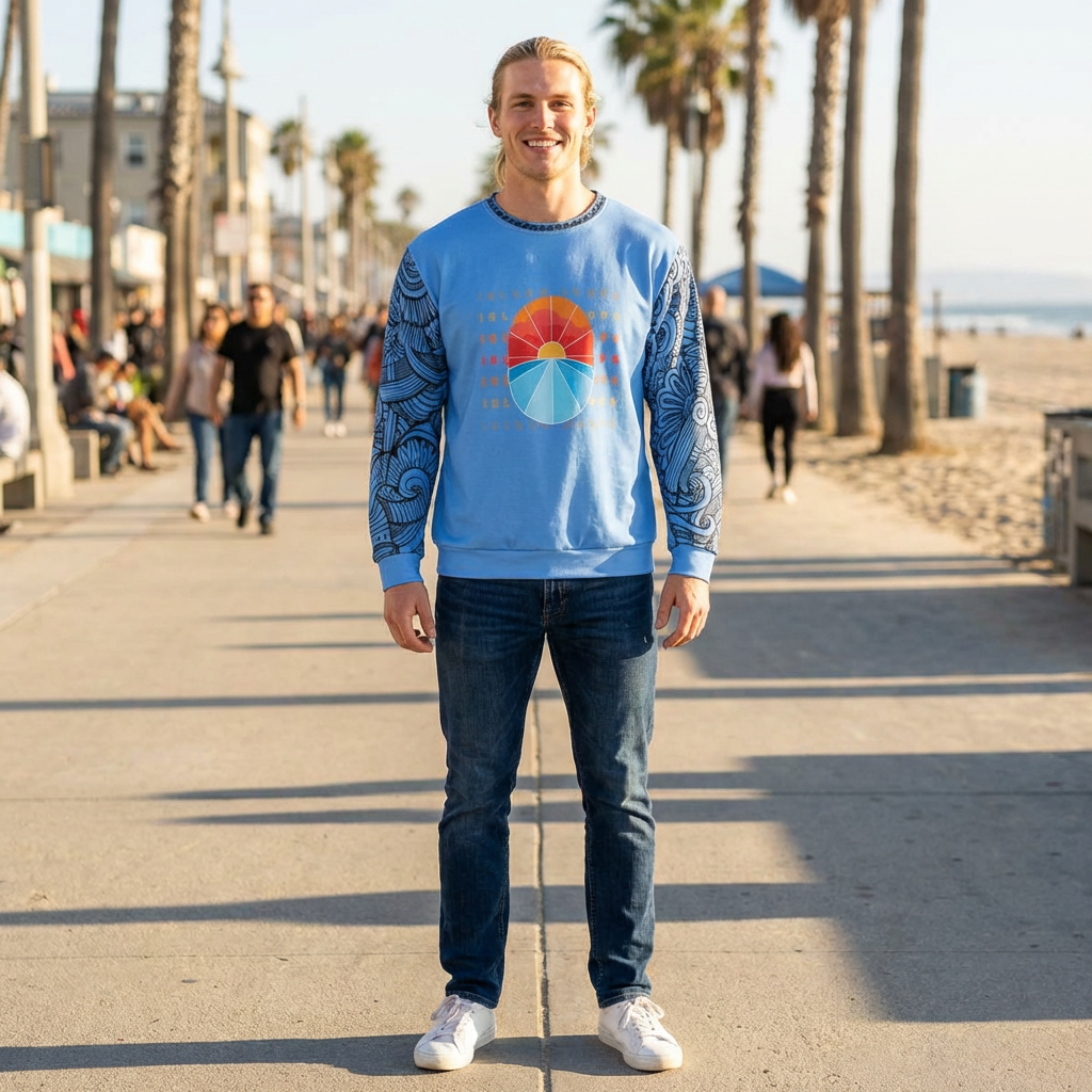 Person wearing a blue sweatshirt with 'ISLAND DROPS' text behind a graphic sunset and tribal tattoo sleeve pattern - Island Drops long sleeve collection | Unisex sweatshirt