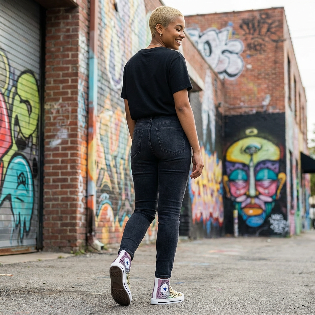 Person walking in an alley with Red, orange, yellow colorful high-top sneakers with tribal tattoo graphic design, white soles - Island Drops shoes collection | Unisex High top shoes