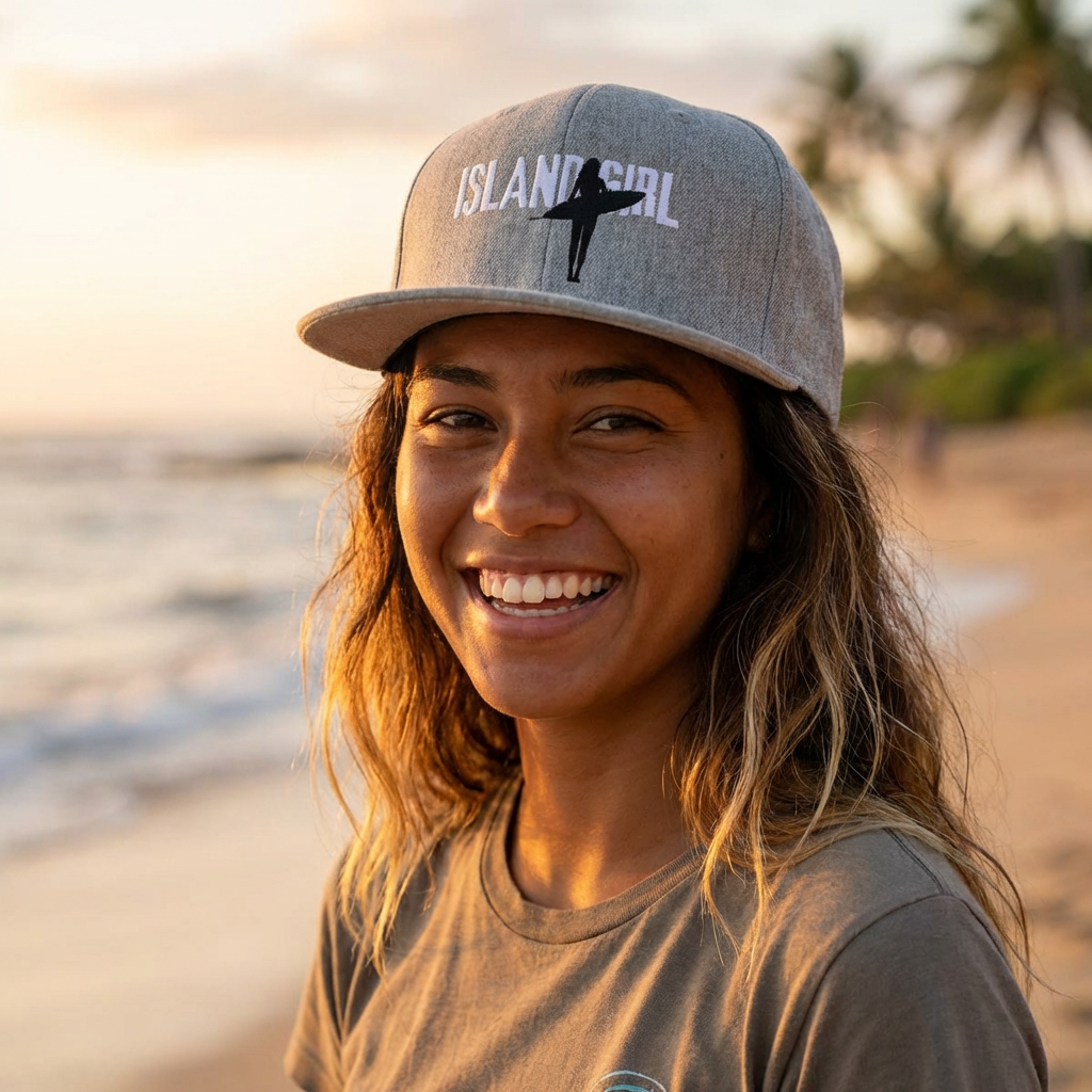 Woman wearing a cap with 'ISLAND GIRL' text and a surfer girl graphic design - Island Drops hat collection | Unisex snapback cap