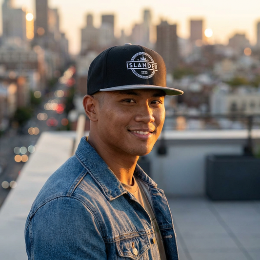 Person wearing black and gray cap with 'ISLANDER' text and filipino flag graphic design - Island Drops hat collection | Unisex snapback caps
