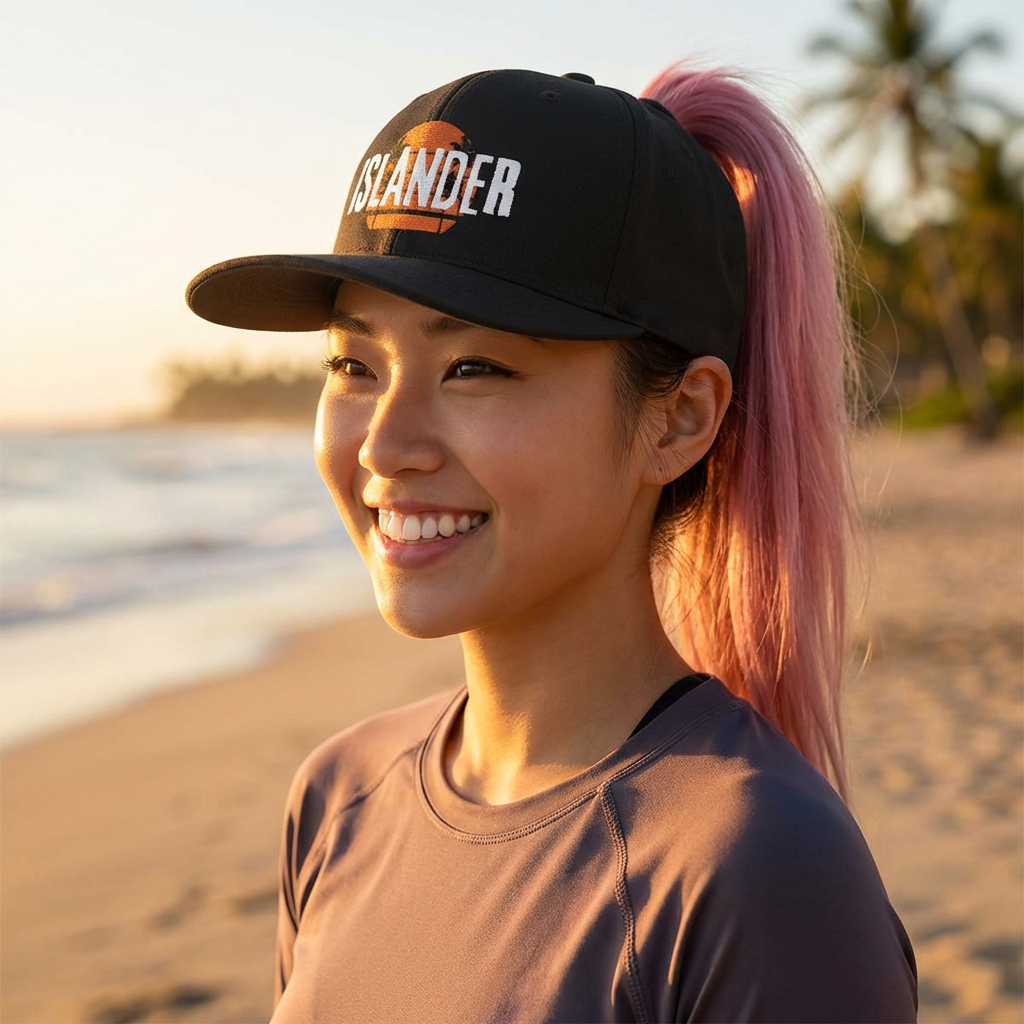 Woman wearing a black cap with 'ISLANDER' text with stylized sunset graphic design - Island Drops hat collection | Unisex snapback cap